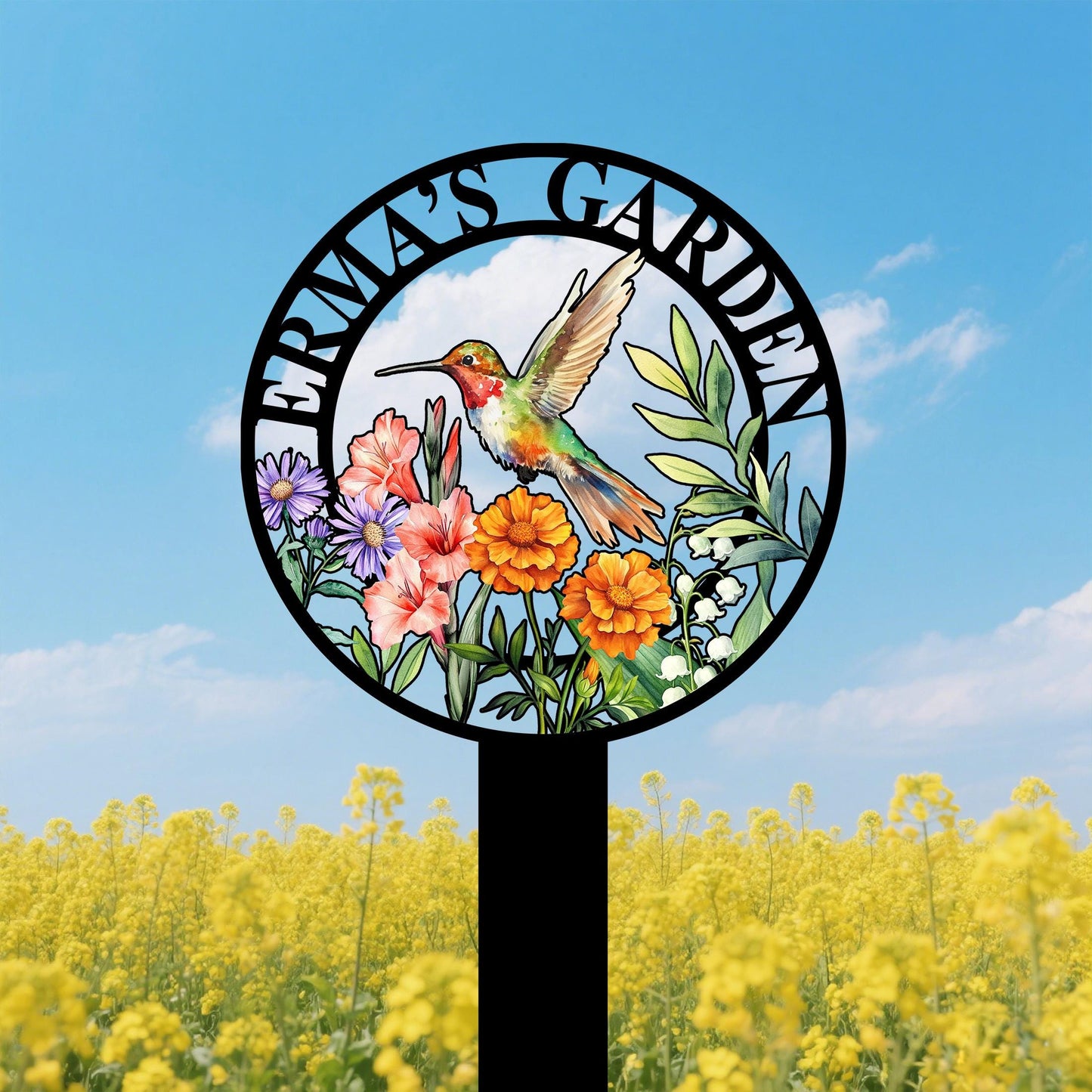 Custom Hummingbird Garden Sign with Flowers,Garden Metal Stake with Bird,Personalized Garden Decor,Hummingbird Yard Sign,Gardener Name Sign
