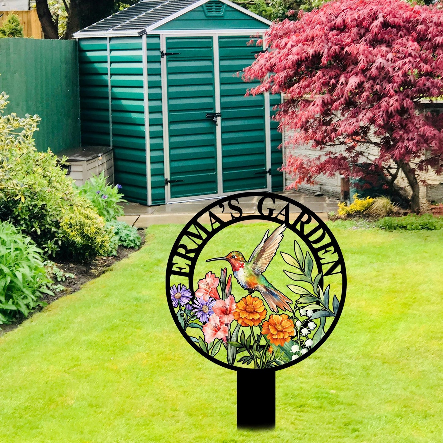 Custom Hummingbird Garden Sign with Flowers,Garden Metal Stake with Bird,Personalized Garden Decor,Hummingbird Yard Sign,Gardener Name Sign