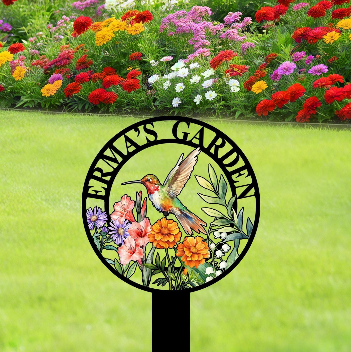 Custom Hummingbird Garden Sign with Flowers,Garden Metal Stake with Bird,Personalized Garden Decor,Hummingbird Yard Sign,Gardener Name Sign