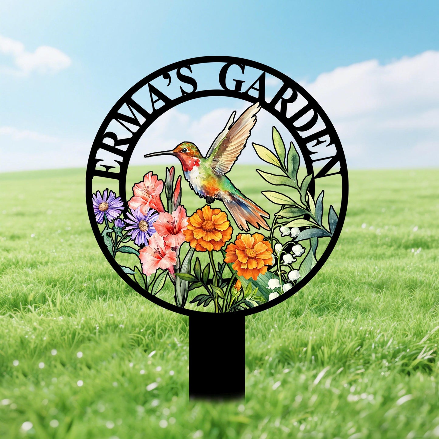 Custom Hummingbird Garden Sign with Flowers,Garden Metal Stake with Bird,Personalized Garden Decor,Hummingbird Yard Sign,Gardener Name Sign