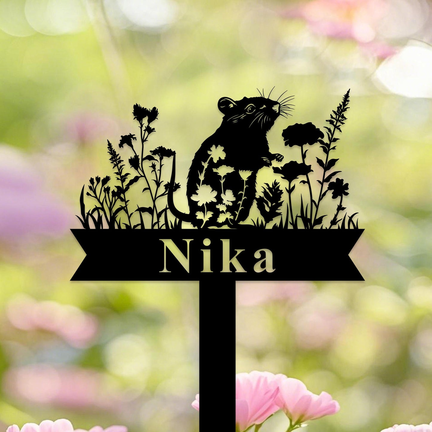 Custom Rat Memorial Grave Marker, Personalized Floral Gerbil Sign,Rat Garden Name Sign,,Rat Remembrance Stake,Metal Yard Sign,Pet Loss Gift